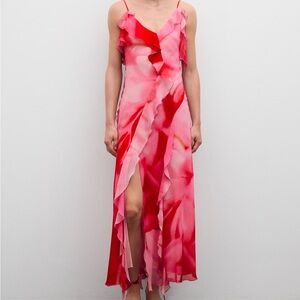 MANGO Ruffles Slit Red + Pink Dress